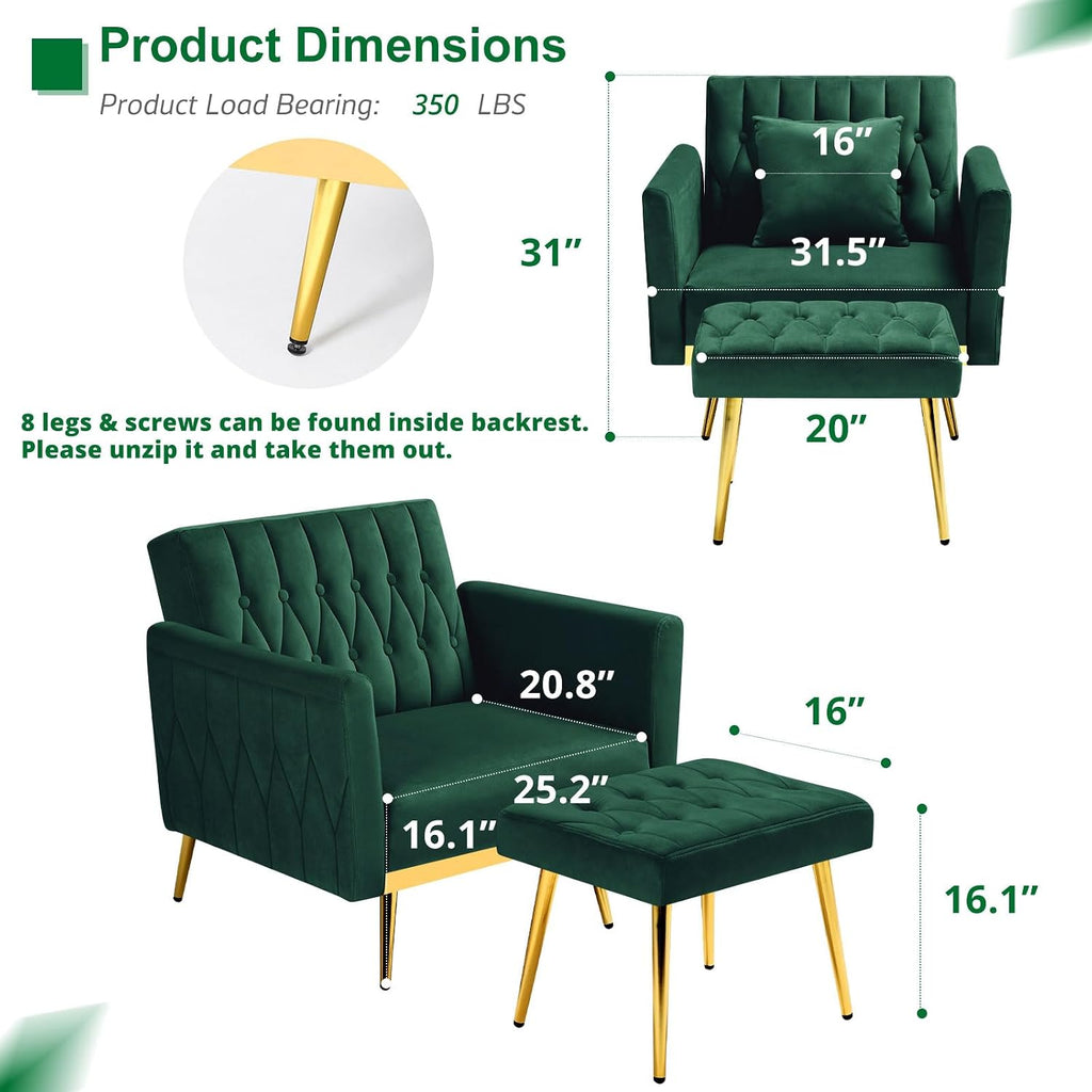 Velvet Accent Chair with Adjustable Armrests and Backrest, Button Tufted Lounge Chair, Single Recliner Armchair with