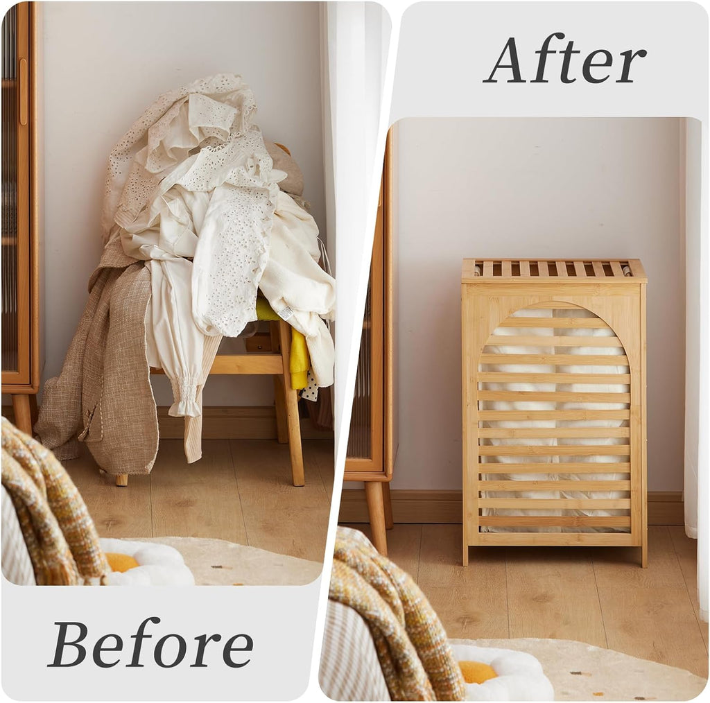 Laundry Hamper with Lid,Bamboo Large Waterproof Clothes Laundry Basket,Removable Washing Bags with Handles,clothes