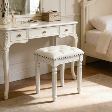 Vanity Bench Seating, Victorian Backless Vanity Stool, White Faux Leather