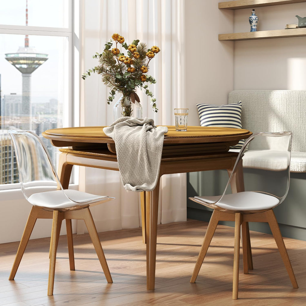 Clear Dining Chairs Set of 2, Modern Acrylic Dining Chair Transparent Chairs with PU Leather Cushions Seat & Wood Legs