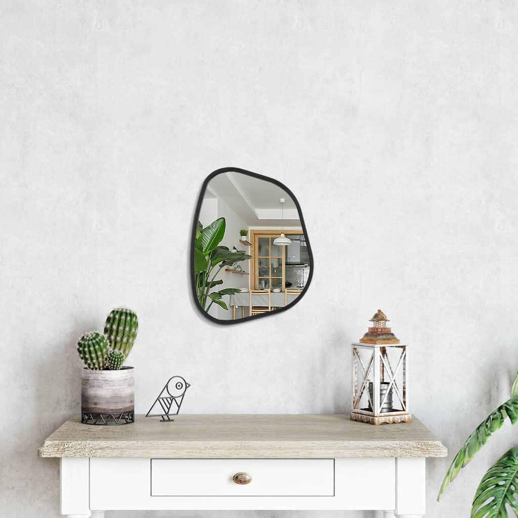 Black Asymmetrical Mirror Irregular Oval Wall Mirror Modern Wood Frame Unique Shape Wall Mounted Vanity Artistic