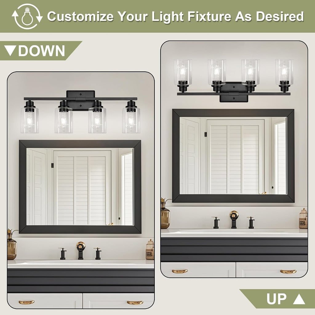 Modern Bathroom Light Fixtures, 4 Light Vanity Lights Over Mirror, Black Wall Lamp with Clear Glass Cabinet Bedroom