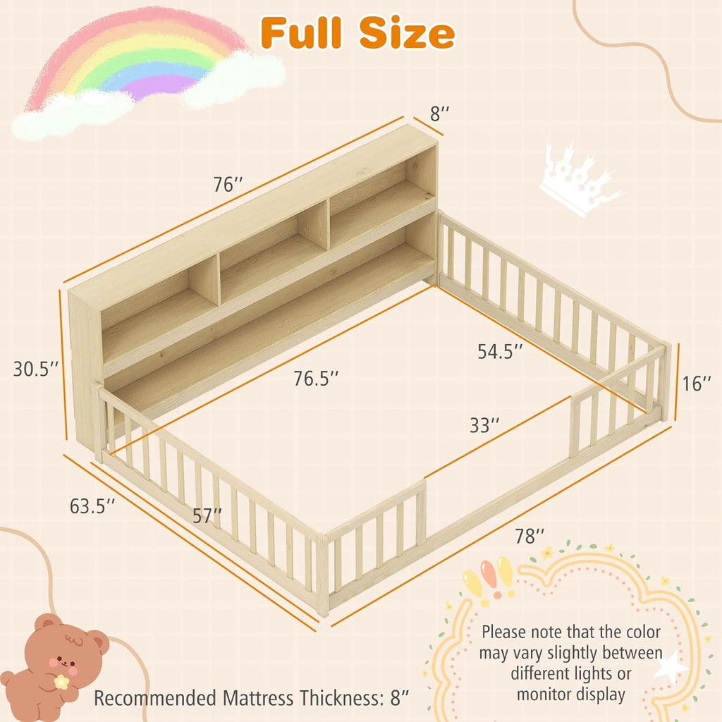 Full Size Floor Bed for Kids, Wooden Montessori Bed Frame with Bookcase, Storage Shelves & Safety Fence Rails, Floor
