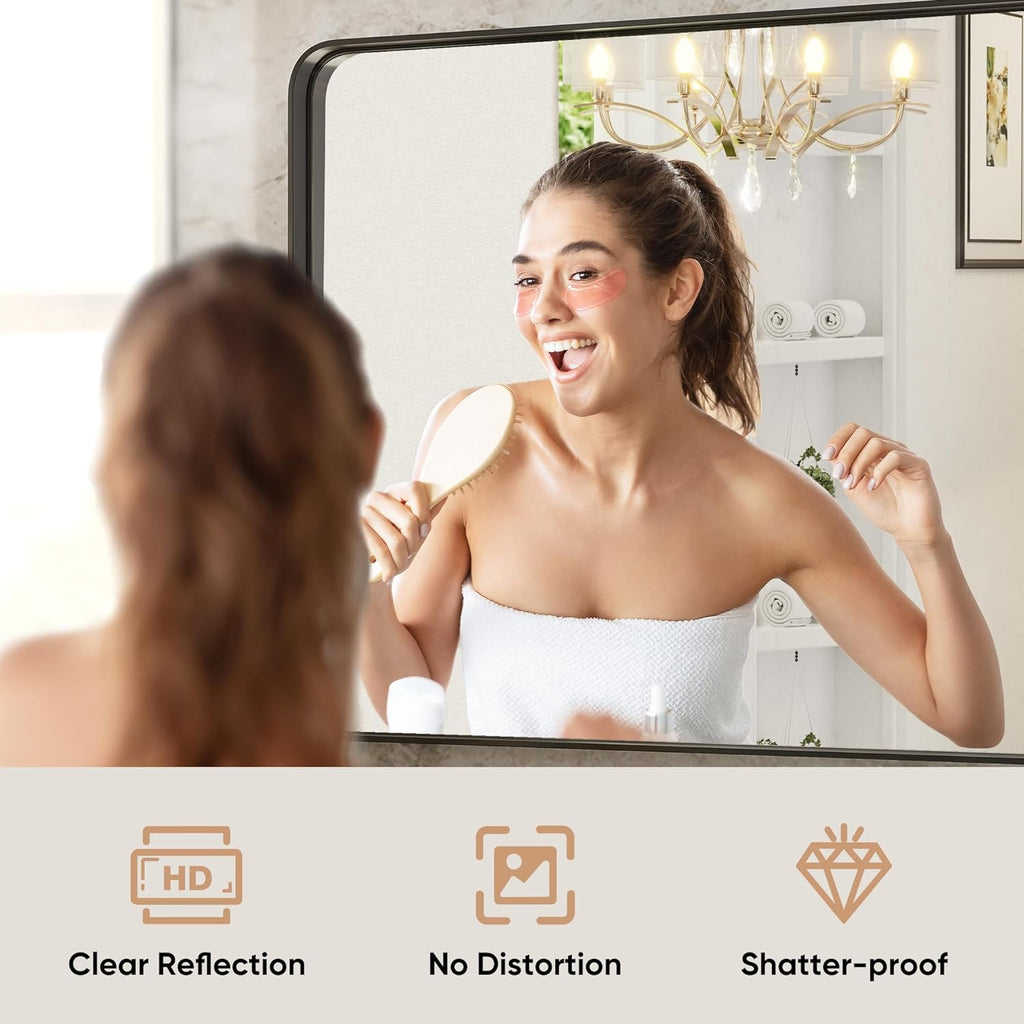 Black Metal Framed Vanity Rounded Rectangle Bathroom Mirrors for Over Sink Wall, 36x24 Inch Large Matte Mirror, Modern