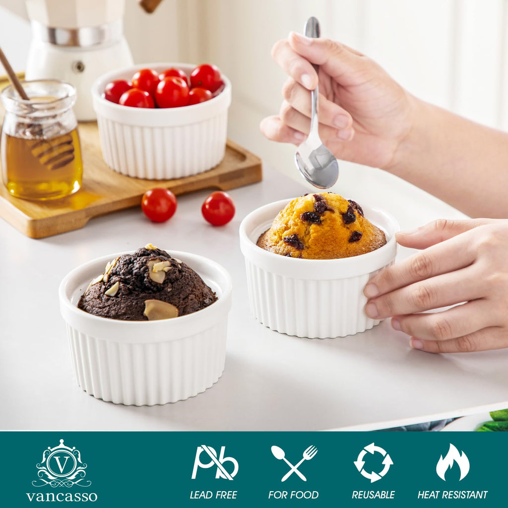 8 oz with Lid, Porcelain Creme Brulee Souffle Dishes, White Pudding Custard Cups Ramiken for Baking, Dishwasher and