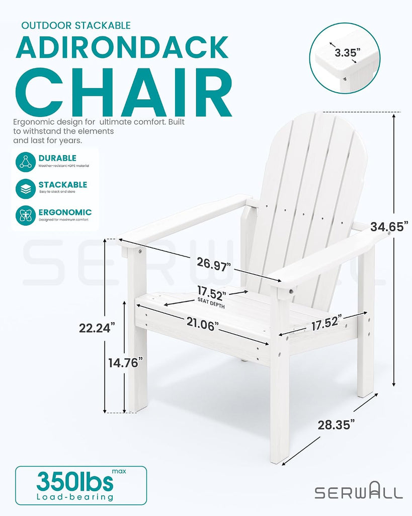HDPE Stackable Adirondack Chairs Set of 2,Space-Saving, White | Weather-resistant Adirondack chair resists fading and