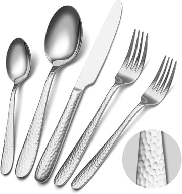 Hammered Silverware Set, 40-Piece Stainless Steel Flatware Set for 8, Mirror Finish Tableware Kitchen Cutlery Sets