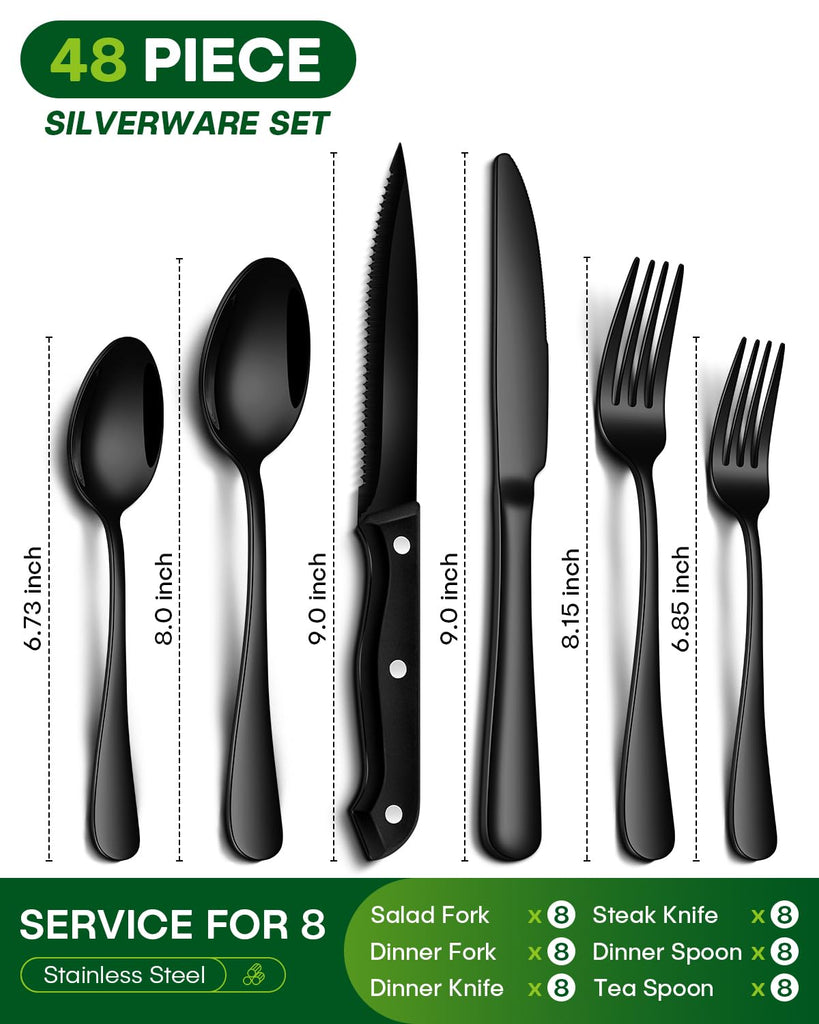 Black Silverware Set, 48-Piece Flatware Set with Steak Knives for 8, Stainless Steel Mirror Cutlery Include Forks