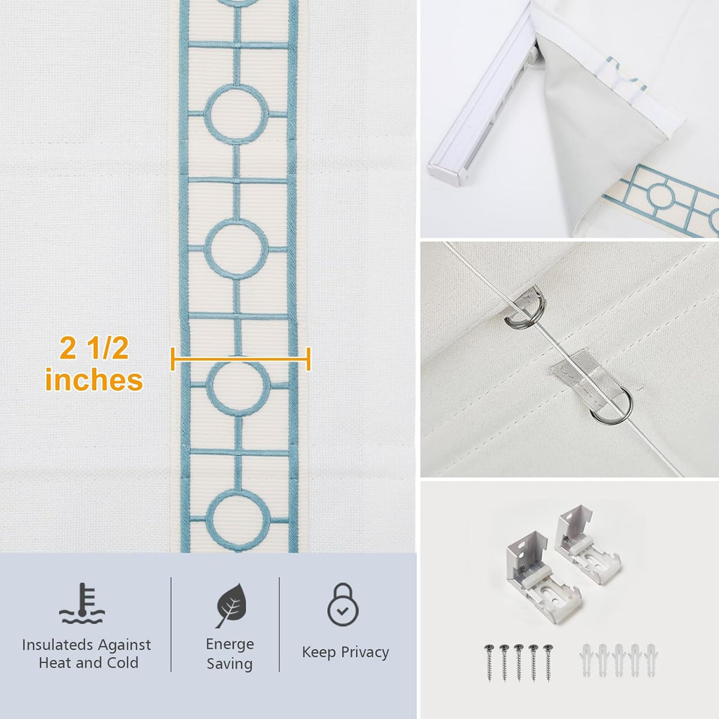 Cordless Roman Shades, Blackout Roman Shades, White Embroidered Blue Border Window Shades for Windows, Doors, Kitchen
