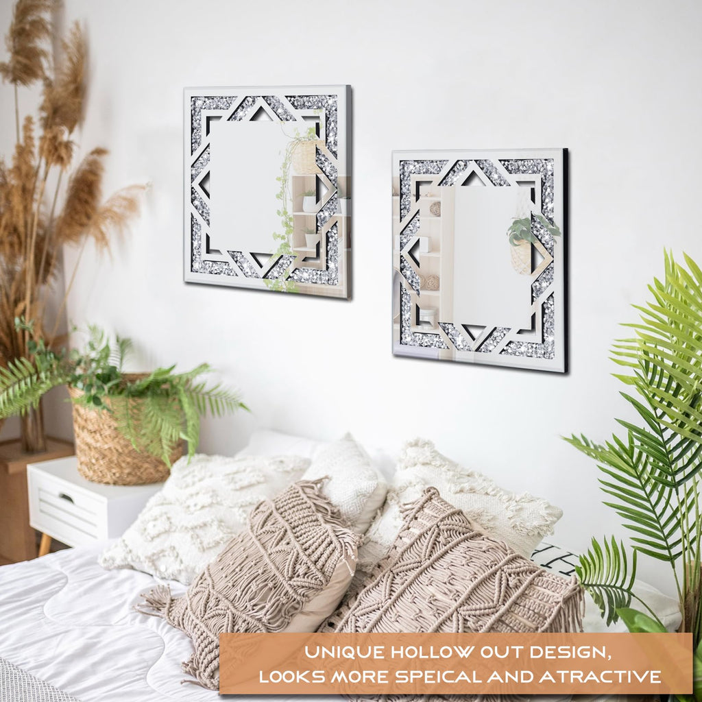 2 Piece Square Hollow Crushed Diamond Decorative Mirror, Silver Crushed Diamond Mirror Decor Wall Bedroom Bathroom