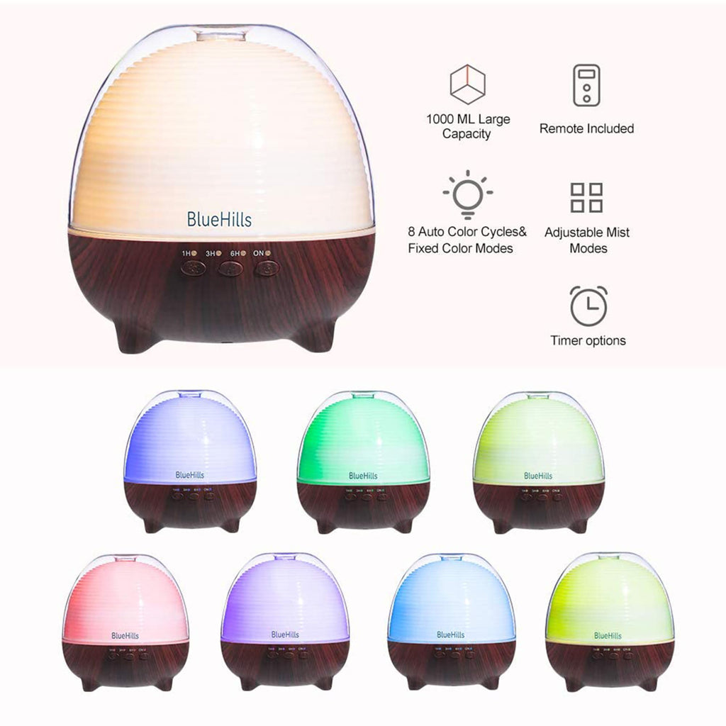 1000 ML Essential Oil Diffuser Humidifier Remote Large Brown Wood
