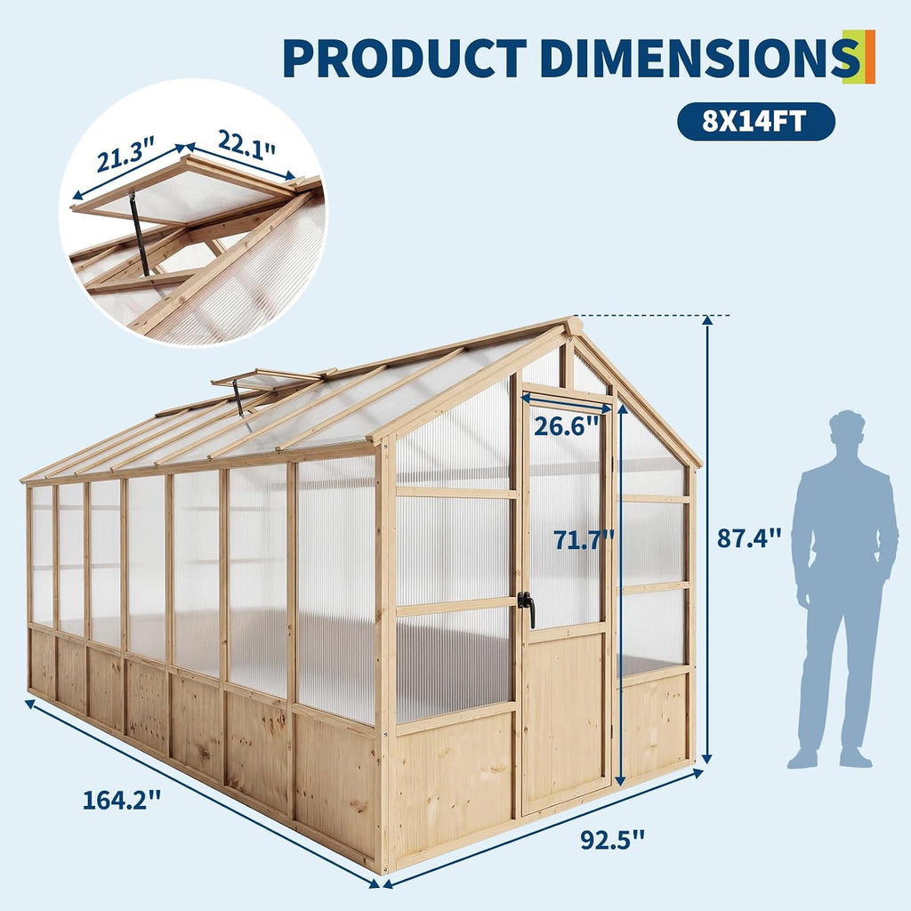 Heavy Duty Walk-in Wooden Greenhouse Kit, 4mm Polycarbonate Panels Green House with Adjustable Vents and Lockable