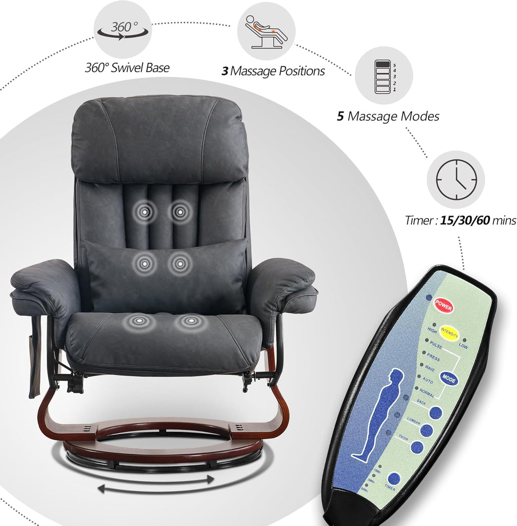 Modern Reclining Swivel Lounge Chair and Ottoman — Grey Faux Leather