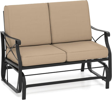 Patio Glider Bench, 2-Person Swing Gliding Loveseat with Breathable Fabric Seat & Soft Cushions, 660 LBS Metal Frame