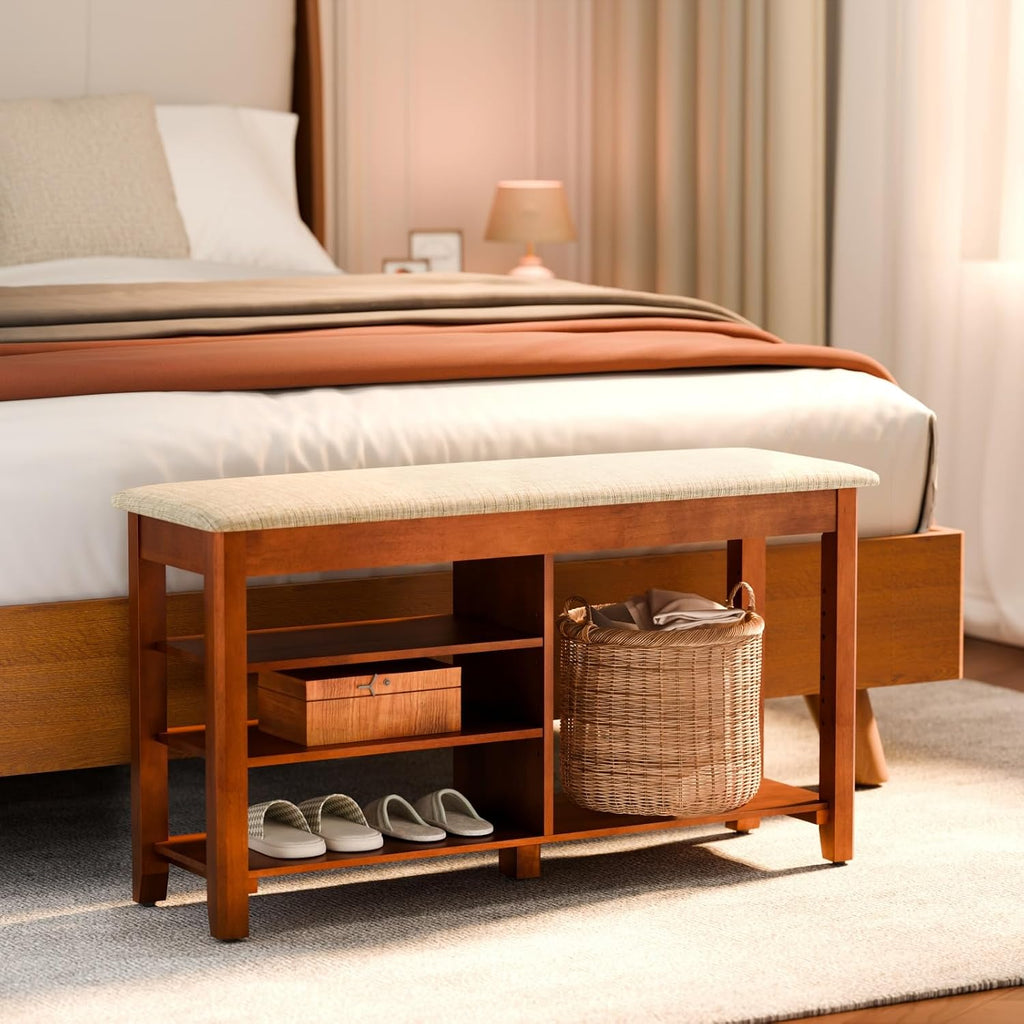 Shoe Rack Bench with Flip-Top Storage, Solid Wood Entryway Bench with Cushion, Adjustable Shelf, Shoe Organizer for
