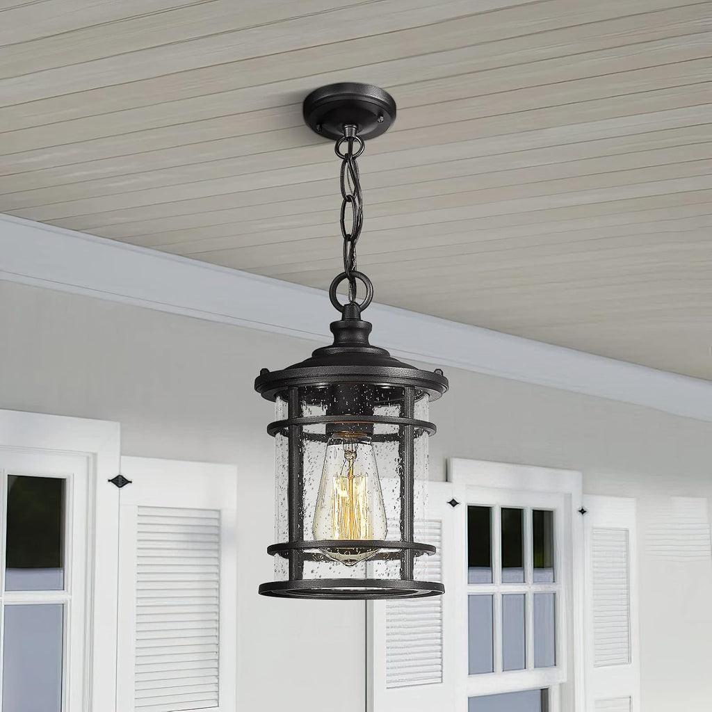 Modern Outdoor Pendant Light - Outdoor Hanging Porch Light with Seeded Glass Shade in Black Finish, BK
