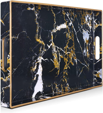 Black Serving Tray,Marble Decorative Serving Trays with Handles, Coffee Table Tray Ottoman Rectangular Plastic Trays