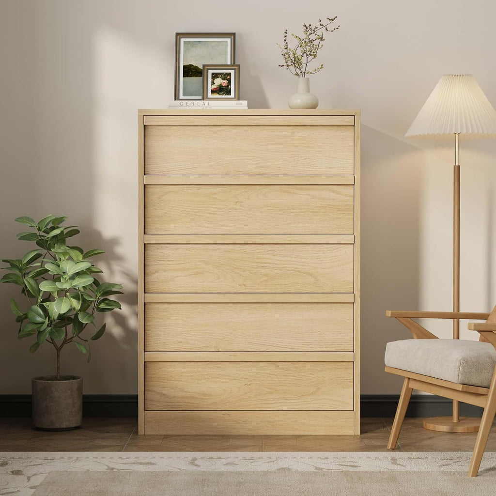 5 Dresser , 43.3" Tall Dresser, Freestanding Horizontal Drawer with Storage, Wooden Closet Chest Storage , Natural Oak
