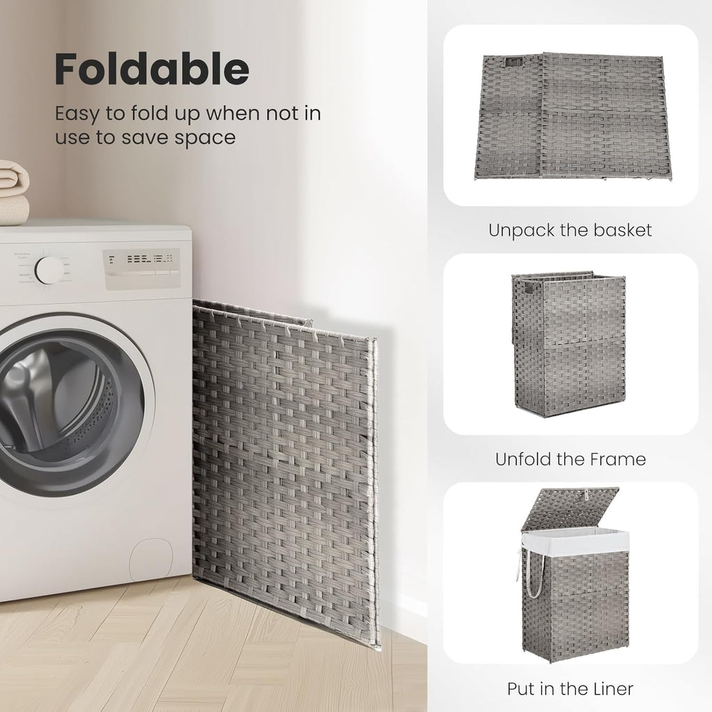 Woven Laundry Basket with Lid, 90L Large Capacity Hamper, Removable & Machine-Washable Liner, Foldable Rattan Clothes