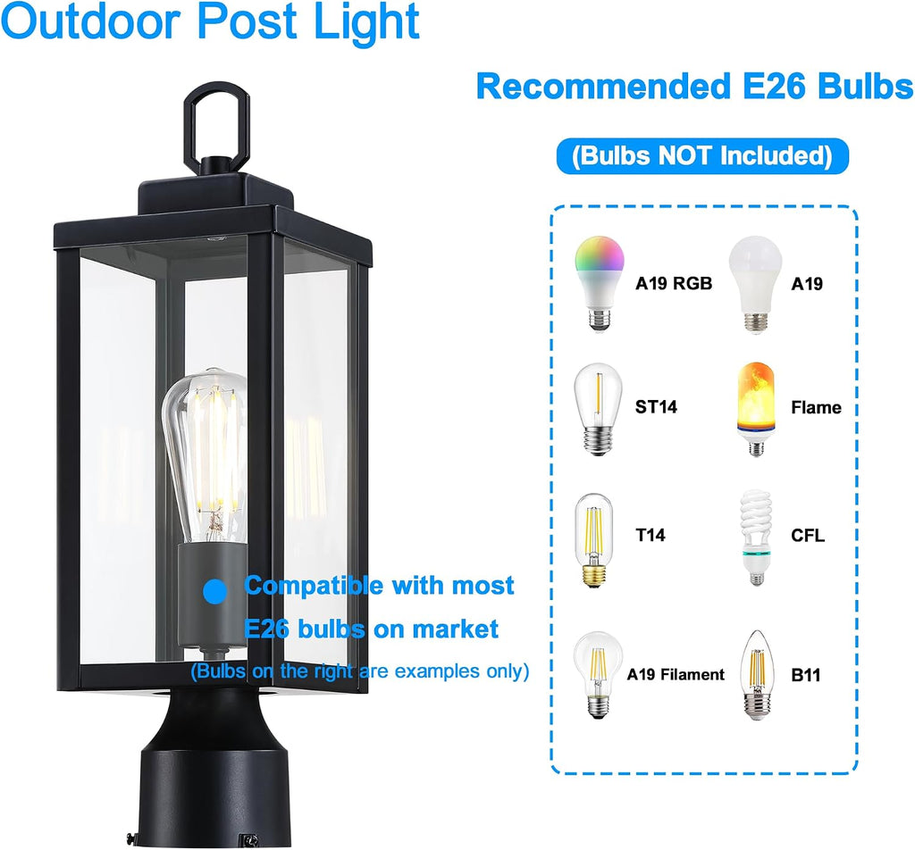 Outdoor Pole Lamp, Post Light Fixture, Anti-Rust Galvanized Housing with Tempered Glass