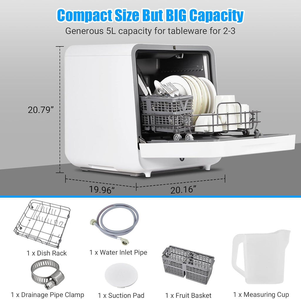 Countertop Dishwasher, 5 Programs Portable Dishwasher with Touch Control & Air-Drying Function