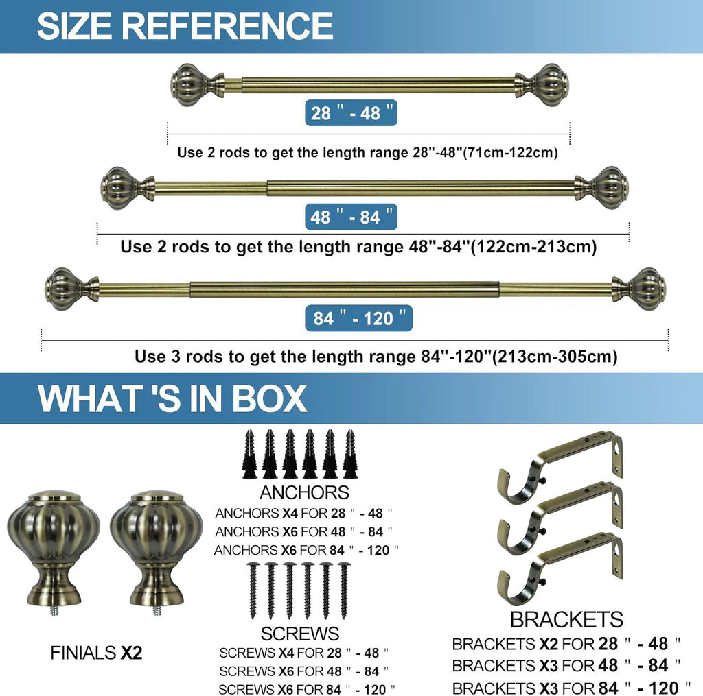 1-inch Diameter Doorknob Adjustable Single Drapery Curtain Rod, Antique Brass