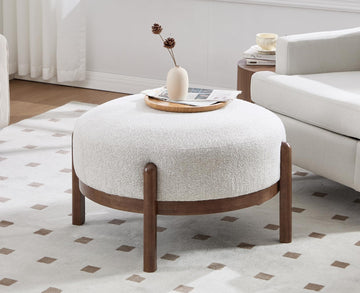 29" Round Ottoman Modern Boucle Upholstered Footstool Mid Century Large Footrest with Wooden Legs Soft Circle Ottoman