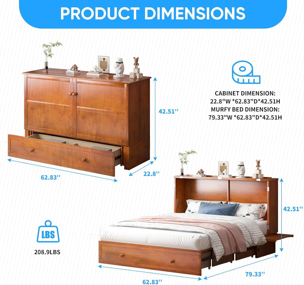 Murphy Bed with Mattress Included, Queen Murphy Bed Cabinet with Storage Drawer and Bedside Panel, Built-in Charging