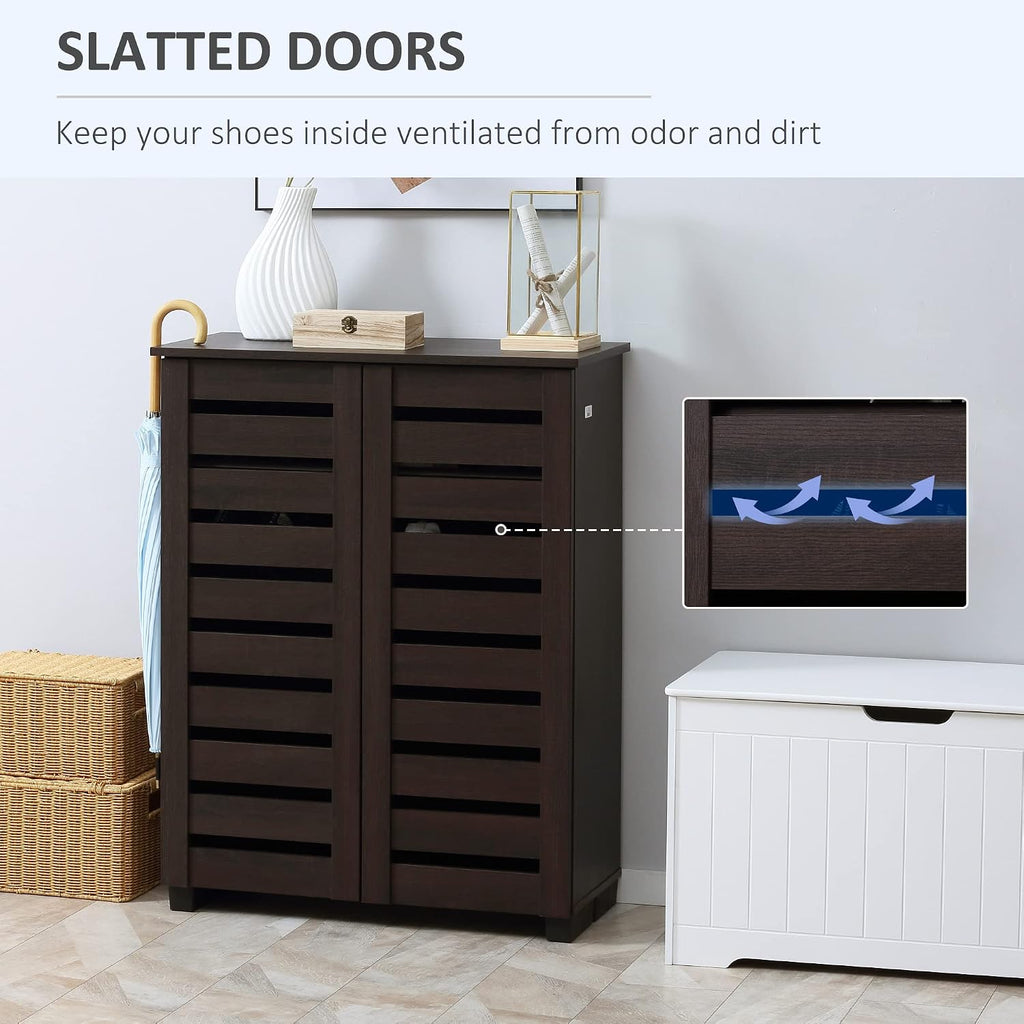 Slim Shoe Cabinet 2 Slatted Doors, 5-Tier Shelving Cupboard for 15 Pairs of Shoes, Narrow Entryway Storage Unit, Dark
