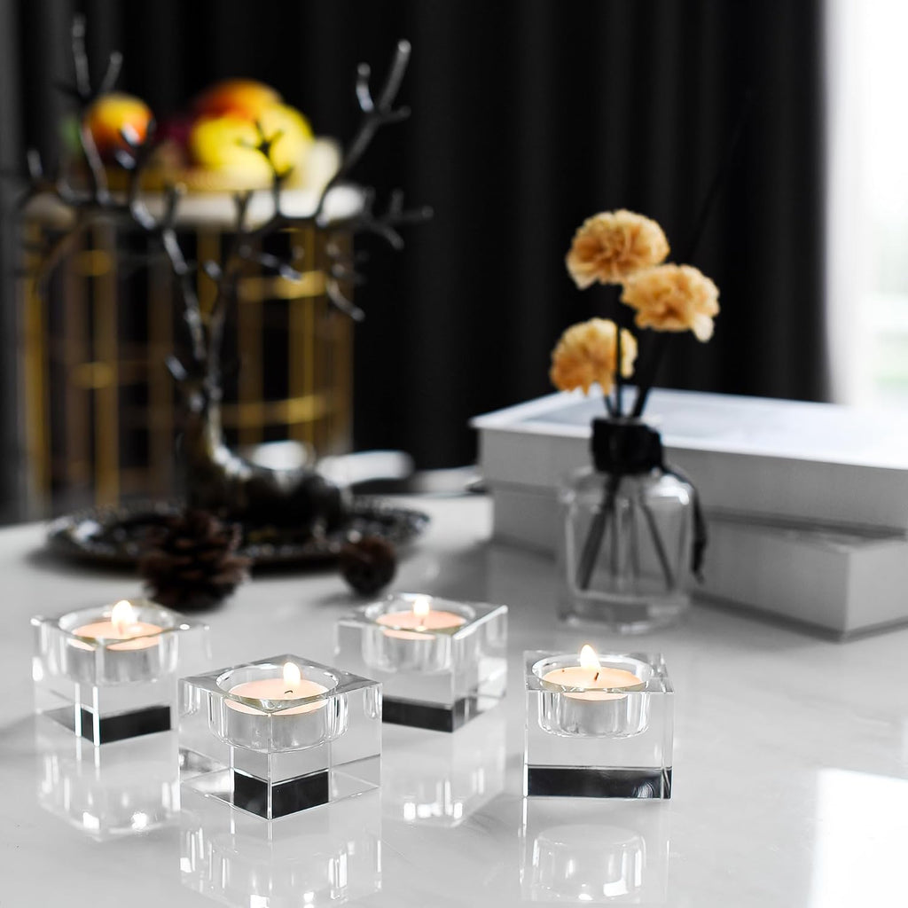 Home Crystal Tealight Candle Holders Pack of 4, 1.5 Inches Height, Heavy Solid Square Hand Cut Tealight Holders Sets