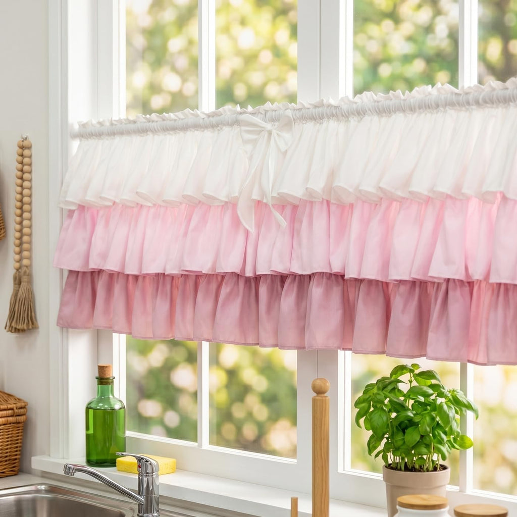 Ruffled Valance Farmhouse for Small Window White Pink Ombre 1PC