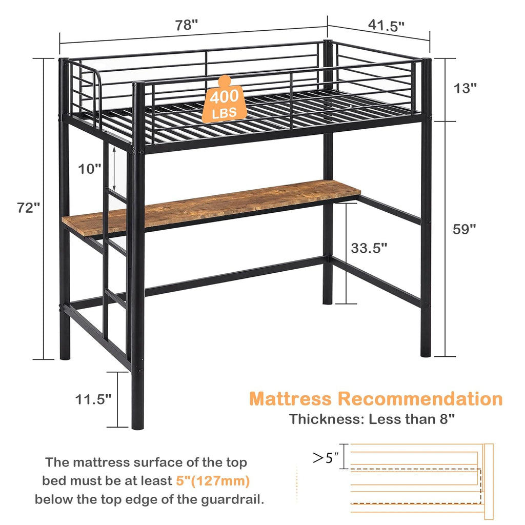 Metal Loft Bed Twin with Desk, Heavy Duty Bedframe with Removable Ladder and Safety Guardrail, Space-Saving