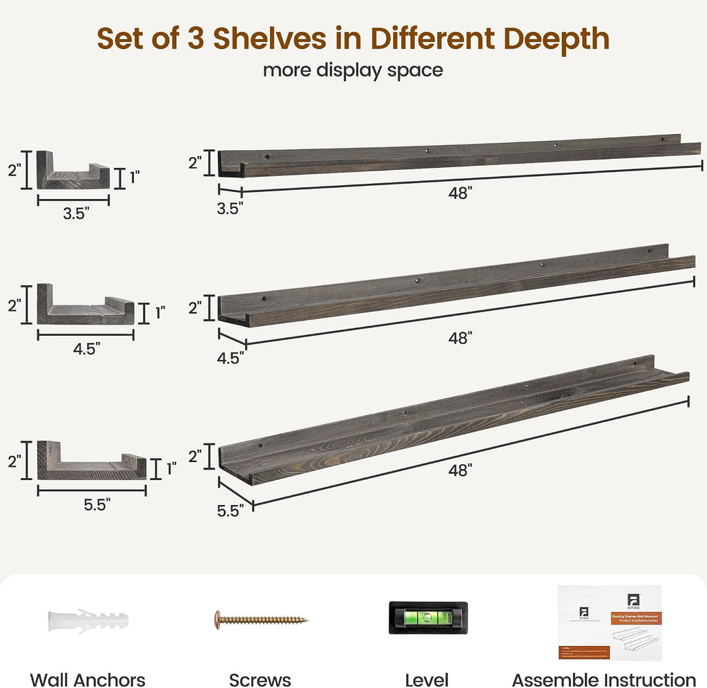 Picture Ledge Wall Shelves 48 Inches Width Set of 3, Solid Pine Wood Rustic Floating Ledge for Kids' Room Bedroom