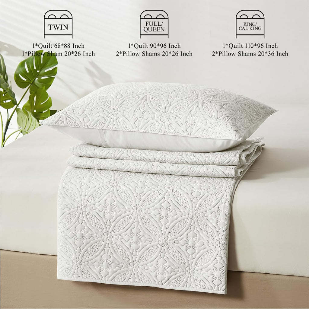 King/Cal King Quilt Set Cream, Microfiber Lightweight Bedspreads, Ultrasonic Embossed Solid Coverlet, Thin Bedding