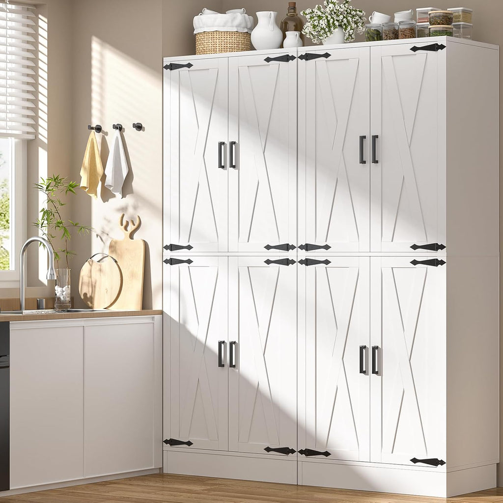 71" Tall Kitchen Pantry Storage Cabinet with Farmhouse Barn Doors and Storage Drawer, 4 Adjustable Shelves