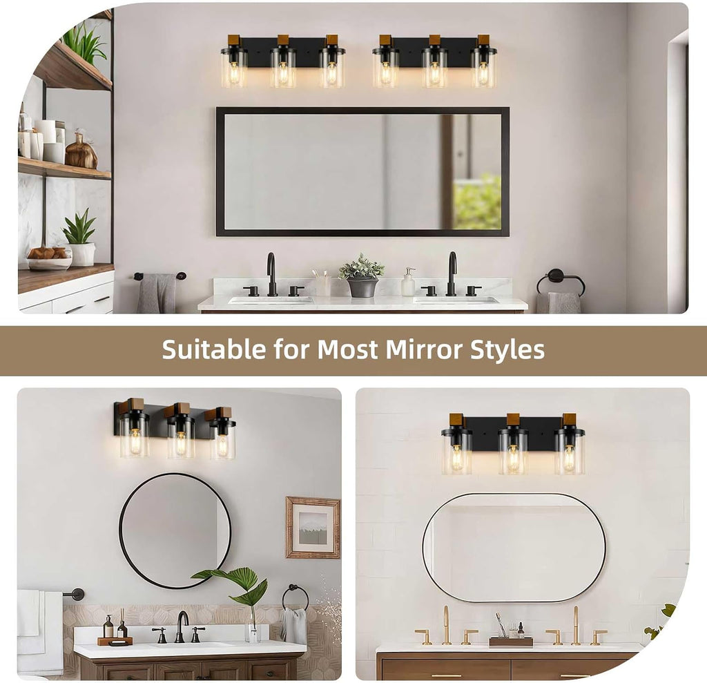 3-Light Farmhouse Bathroom Light Fixtures, Black Bathroom Vanity Light Fixtures Over Mirror, Rustic Sconces Wall