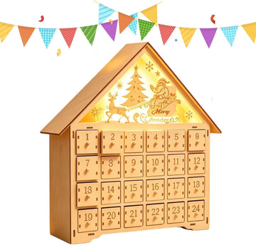 Wooden Advent House - Lighted Holiday Countdown, Christmas Drawer Box