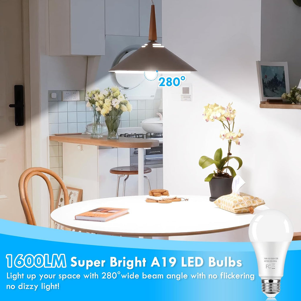 LED Light Bulbs 100 Watt Equivalent 1600 Lumens, A19 14W Super Bright Daylight White 5000K LED Bulbs, Standard E26 (12-Pack)
