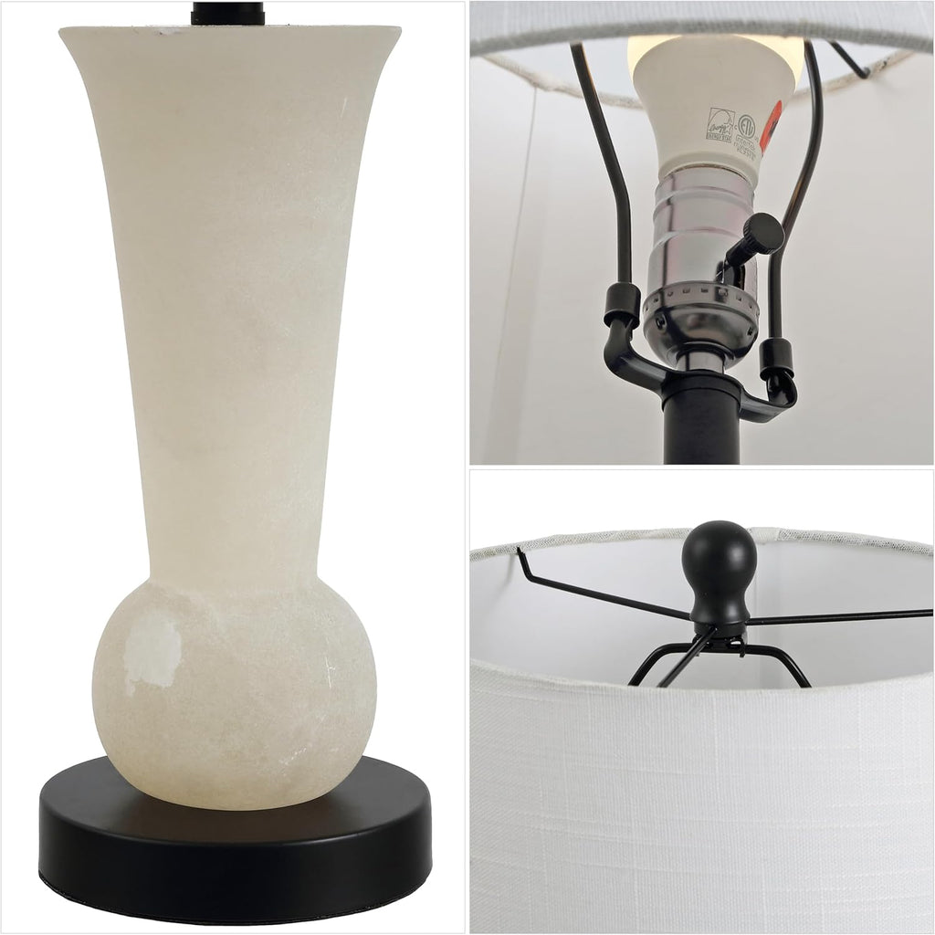 23" Natural/Black Natural White Alabaster Table Lamp with Crystal Base, Modern Nightstand Lamp with White Linen Shade