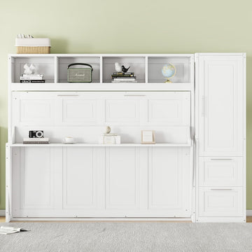 Full Horizontal Murphy Bed with Wardrobe Closet,2 Drawer,4 Storage Open Shelves,Wood Folding Murphy Wall Bed Cabinet