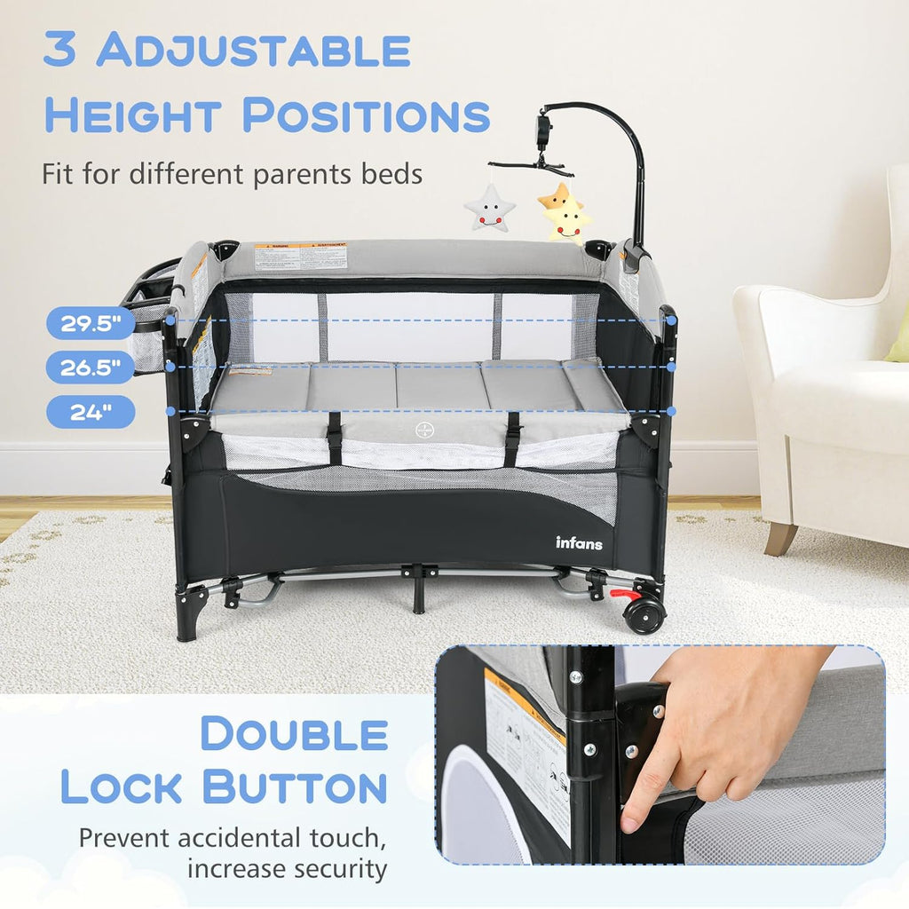 Pack and Play, 5 in 1 Baby Bedside Sleeper with Bassinet, Diaper Changer, Mattress, Carry Bag, Music Box Hanging