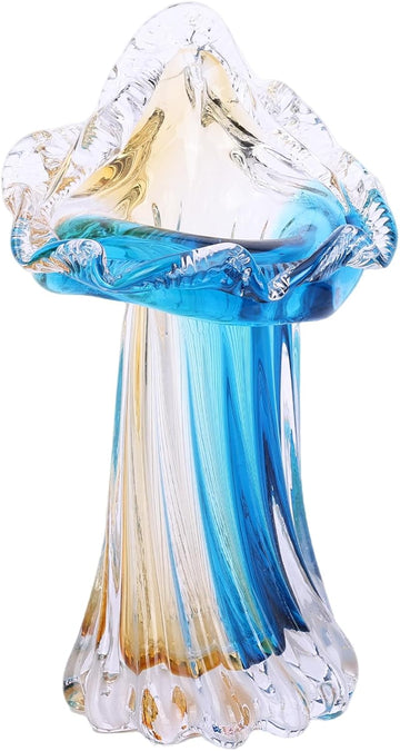 Hand Blown Blue & Yellow Sunset Coast Jellyfish-Shaped Glass Vase, Mini Ocean-Themed Art Sculpture Vase Centerpiece