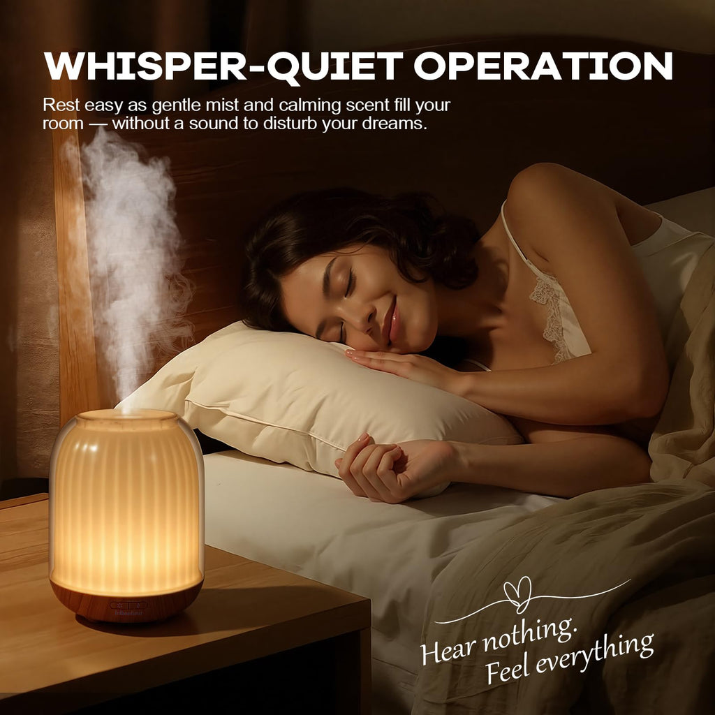 Essential Oil Diffuser with Night Lamp | 120ml USB Portable Aroma Diffuser with Wood-Grain Base & Glass-Look Cover