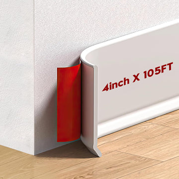 White Wall Trim, 4 Inch x 105 FT Vinyl Baseboard Trim - Peel and Stick Self-Adhesive, Flexible Cove Base Design