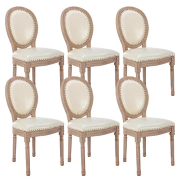 French Country Dining Chairs Set of 6, Leather Dining Chairs with Curved Backrest, Vintage French Accent Chairs