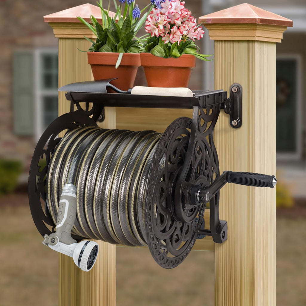 Metal Wall Mount Garden Hose Reel for Outside, Holds 125 ft x 5/8'' Hose Storage, Decorative Heavy Duty Water Hose
