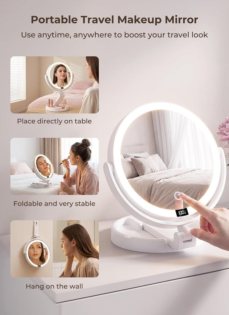 Lighted Travel Makeup Mirror, 1X & 10X Magnification, 3 Light Modes, Double Sided Magnification