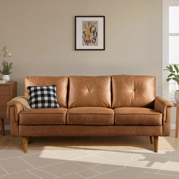 Luxury 3 Seater Sofa with Faux Leather,Mid-Century Modern Couch with Comfortable Armrest,Comfy Couches with Deep