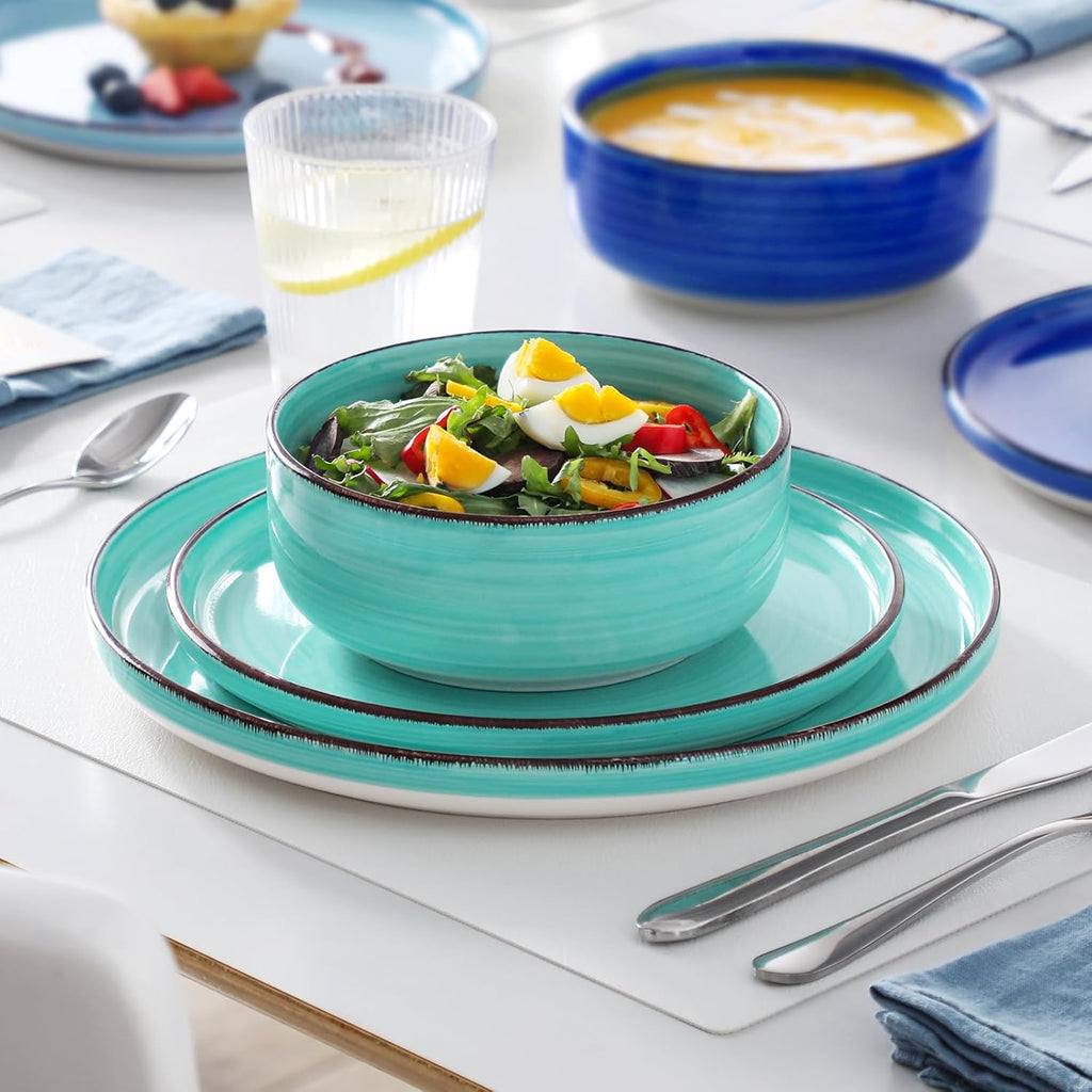 Bonita Blue Dinnerware Sets, Plates and Bowls Set for 4, 12 Pieces Stoneware Dinnerware Set