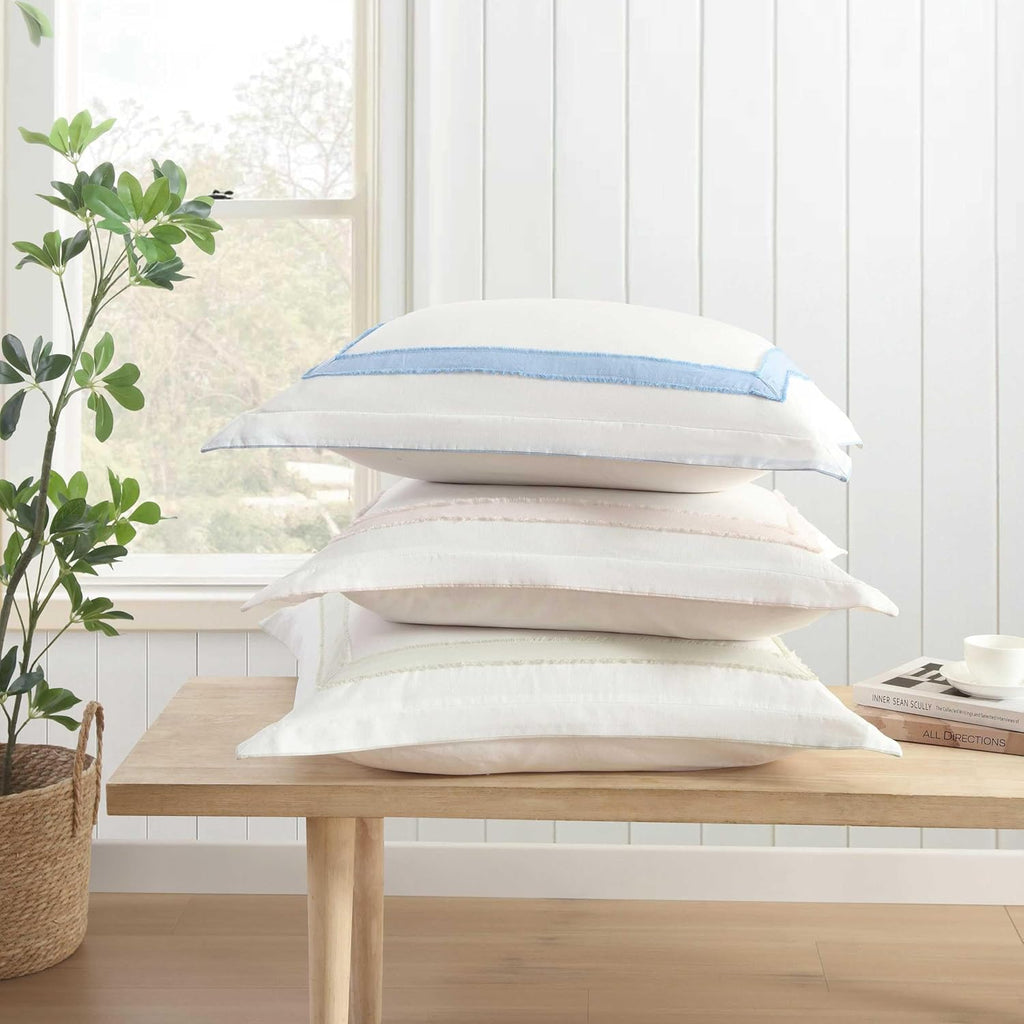 Euro Sham, Soft Faux Linen Ramie Cotton Decorative Pillow Cover with Border Detail, 26x26, Room Decor (Mila Blue)